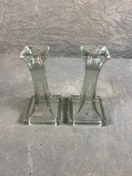 Set Of Two Clear Crystal Square Base Candlestick Holders