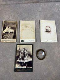 Four Vintage Cabinet Card Photographs And Pin Mini Picture Frame