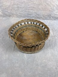 Vintage Woven Wicker Basket With Wooden Base And Beaded Rim