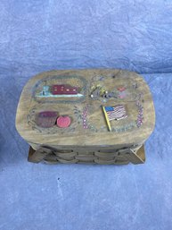 Vintage Hand Painted Wooden Woven Picnic Basket With Lid