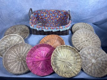 Woven Basket Collection, Floral Lined Basket And Nine Colorful Woven Plate Baskets