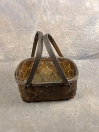 Antique Woven Wood Picnic Basket With Handles