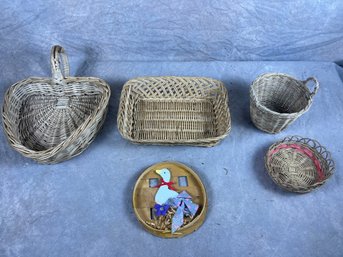 Collection Of Vintage Wicker Baskets And Woven Wood Decoration