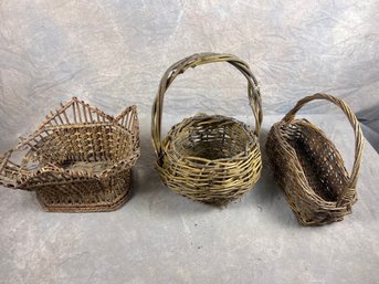 Set Of Three Vintage Rustic Wicker Twig Baskets