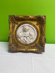 Vintage Wall Relief Plaque Marble Cherubs In Ornate Gilt Frame