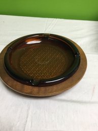 Vintage Amber Glass Ashtray With Wood Bowl Base